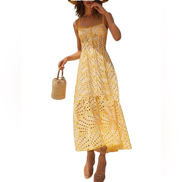 Sunfere Sunny Yellow Eyelet Spaghetti Straps Dress Resortwear Travel M - Picture 1 of 8